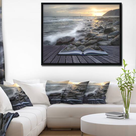 Designart - Open Book to the Evening Sea - Contemporary Canvas Art Print in Black Frame